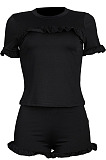 Black Women Euramerican Short Sleeve Flounce Solid Color Shorts Sets MA6707-1