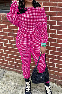 Rose Red Women Euramerican Trendy Sexy Autumn Winter  A Word Shoulder Tops Casual Pants Sets MR2119-5