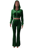 Black Euramerican Women Korea Velvet Hooded Long Sleeve Zipper Solid Color Flare Leg Pants Sets NK264-3