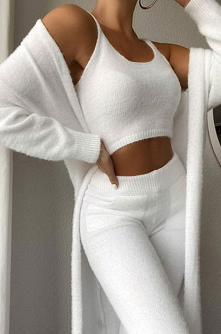 Sexy V Collar Velvet Short Tank Solid Color Long Pants Three Pieces  OFE0218