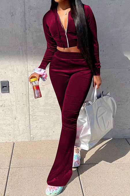 Brown Euramerican Women Korea Velvet Hooded Long Sleeve Zipper Solid Color Flare Leg Pants Sets NK264-5