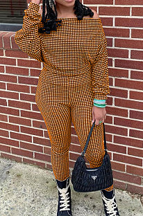 Orange Women Euramerican Trendy Sexy Autumn Winter  A Word Shoulder Tops Casual Pants Sets MR2119-3