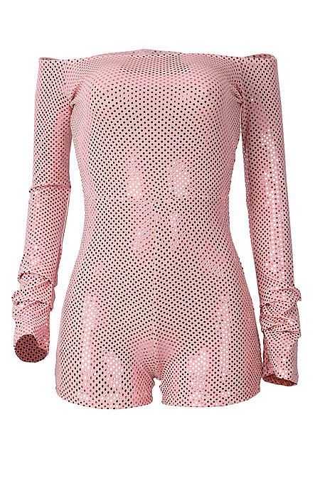 Pink Women Sexy A Word Shoulder Long Sleeve Sequins Romper Shorts MA6706-1
