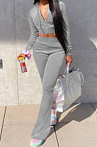 Gray Euramerican Women Korea Velvet Hooded Long Sleeve Zipper Solid Color Flare Leg Pants Sets NK264-2