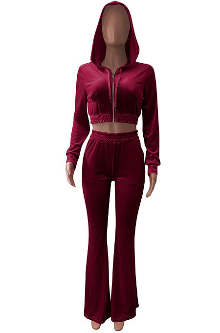 Pink Euramerican Women Korea Velvet Hooded Long Sleeve Zipper Solid Color Flare Leg Pants Sets NK264-1