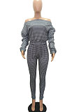 Black Women Euramerican Trendy Sexy Autumn Winter  A Word Shoulder Tops Casual Pants Sets MR2119-1