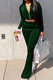 Brown Euramerican Women Korea Velvet Hooded Long Sleeve Zipper Solid Color Flare Leg Pants Sets NK264-5