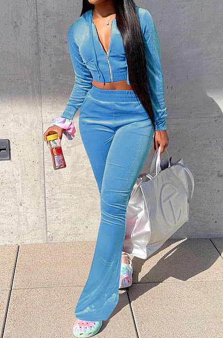 Dark Green Euramerican Women Korea Velvet Hooded Long Sleeve Zipper Solid Color Flare Leg Pants Sets NK264-4