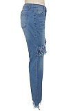 Blue Women Sexy Tight Elastic Force Tassel High Waist Jeans Long Pants SMR2313