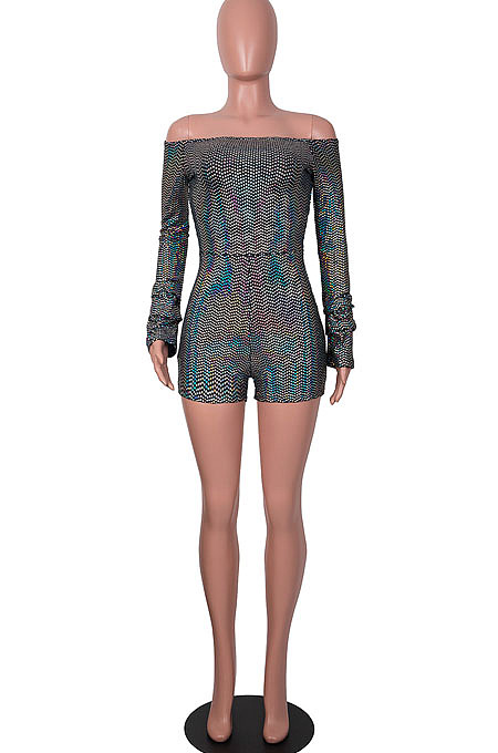 Pink Women Sexy A Word Shoulder Long Sleeve Sequins Romper Shorts MA6706-1