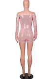 Pink Women Sexy A Word Shoulder Long Sleeve Sequins Romper Shorts MA6706-1