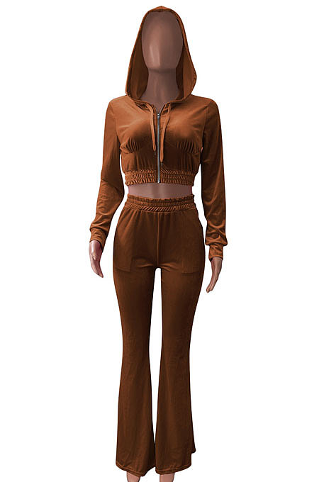 Pink Euramerican Women Korea Velvet Hooded Long Sleeve Zipper Solid Color Flare Leg Pants Sets NK264-1