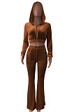 Dark Green Euramerican Women Korea Velvet Hooded Long Sleeve Zipper Solid Color Flare Leg Pants Sets NK264-4