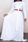 White Euramerican Women Casual Fashion Long Sleeve Solid Color Tied Skirts Sets PH13251-1