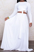 White Euramerican Women Casual Fashion Long Sleeve Solid Color Tied Skirts Sets PH13251-1