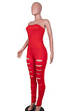 Black Women Sleeveless Solid Color Strapless Hole  Bodycon Jumpsuits MA6725-1