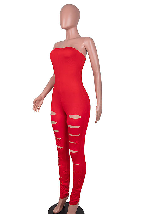 Black Women Sleeveless Solid Color Strapless Hole  Bodycon Jumpsuits MA6725-1