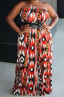 Red Women Tie Dye One Shoulder Printing Sleeveless Casual Jumpsuit MA6732-1