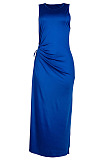 Blue Solid Color Women High Waits Hollow Out Split Cross Trendy Sleeveless Long Dress MA6729-4