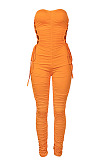 Orange Euramerican Women Sexy Strapless Ruffle Tied Pure Color Bodycon Jumpsuits MA6726-1