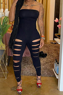 Black Women Sleeveless Solid Color Strapless Hole  Bodycon Jumpsuits MA6725-1