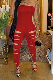 Red Women Sleeveless Solid Color Strapless Hole  Bodycon Jumpsuits MA6725-2
