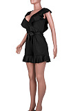 Black Euramerican Women Solid Color Sexy Flounce V Collar Romper Shorts MA6728-2
