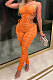 Orange Euramerican Women Sexy Strapless Ruffle Tied Pure Color Bodycon Jumpsuits MA6726-1