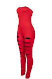 Black Women Sleeveless Solid Color Strapless Hole  Bodycon Jumpsuits MA6725-1