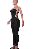 Orange Euramerican Women Sexy Strapless Ruffle Tied Pure Color Bodycon Jumpsuits MA6726-1