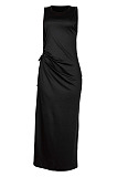 Russet-Red Solid Color Women High Waits Hollow Out Split Cross Trendy Sleeveless Long Dress MA6729-1