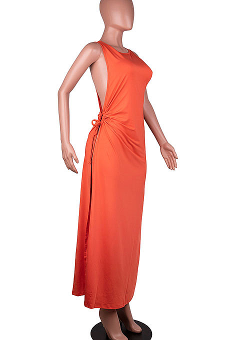 Black Solid Color Women High Waits Hollow Out Split Cross Trendy Sleeveless Long Dress MA6729-2