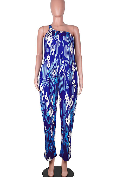 Red Women Tie Dye One Shoulder Printing Sleeveless Casual Jumpsuit MA6732-1