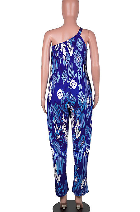 Red Women Tie Dye One Shoulder Printing Sleeveless Casual Jumpsuit MA6732-1