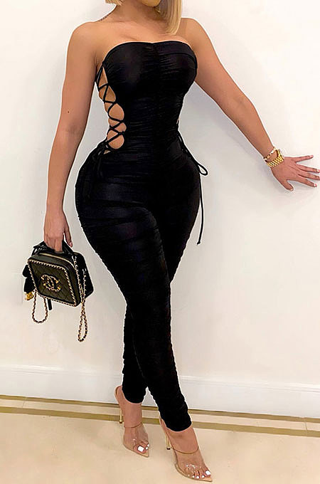 Orange Euramerican Women Sexy Strapless Ruffle Tied Pure Color Bodycon Jumpsuits MA6726-1