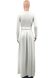 White Euramerican Women Casual Fashion Long Sleeve Solid Color Tied Skirts Sets PH13251-1