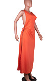 Russet-Red Solid Color Women High Waits Hollow Out Split Cross Trendy Sleeveless Long Dress MA6729-1