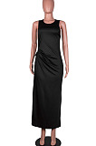 Blue Solid Color Women High Waits Hollow Out Split Cross Trendy Sleeveless Long Dress MA6729-4