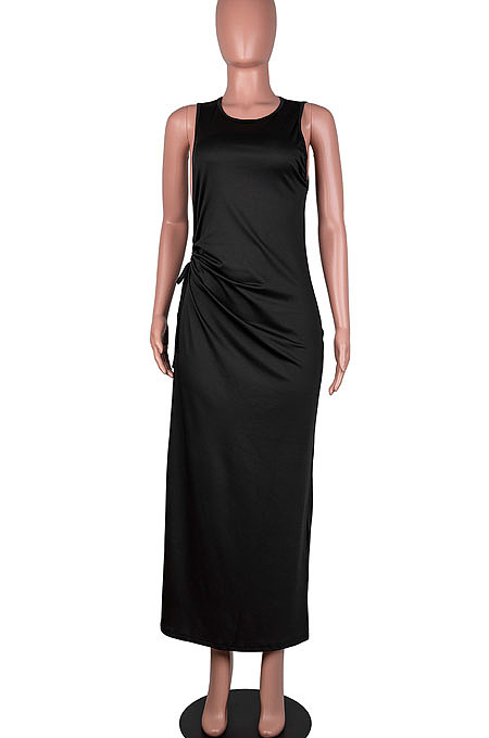 Blue Solid Color Women High Waits Hollow Out Split Cross Trendy Sleeveless Long Dress MA6729-4