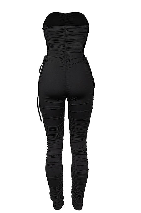 Orange Euramerican Women Sexy Strapless Ruffle Tied Pure Color Bodycon Jumpsuits MA6726-1