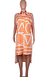 Orange Women Euramerican Fashion Printing Irregular Single-Breasted Sleeveless T Shirt/Shirt Dress MA6731-2