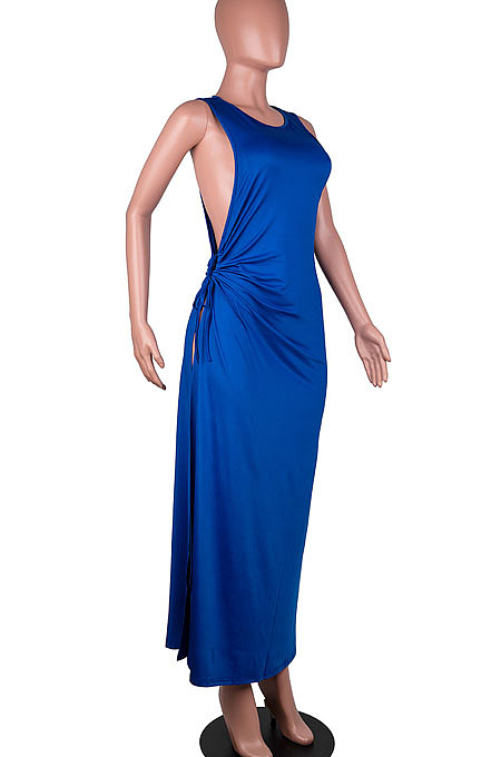 Yellow Solid Color Women High Waits Hollow Out Split Cross Trendy Sleeveless Long Dress MA6729-3