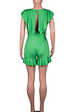 Black Euramerican Women Solid Color Sexy Flounce V Collar Romper Shorts MA6728-2
