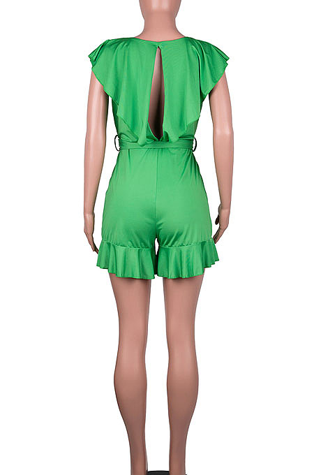 Black Euramerican Women Solid Color Sexy Flounce V Collar Romper Shorts MA6728-2