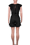 Black Euramerican Women Solid Color Sexy Flounce V Collar Romper Shorts MA6728-2