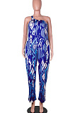 Blue Women Tie Dye One Shoulder Printing Sleeveless Casual Jumpsuit MA6732-2