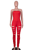 Black Women Sleeveless Solid Color Strapless Hole  Bodycon Jumpsuits MA6725-1