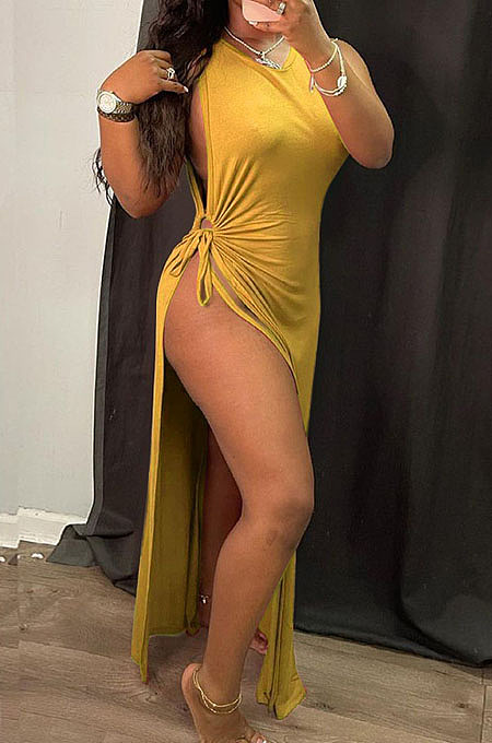Yellow Solid Color Women High Waits Hollow Out Split Cross Trendy Sleeveless Long Dress MA6729-3