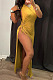 Yellow Solid Color Women High Waits Hollow Out Split Cross Trendy Sleeveless Long Dress MA6729-3