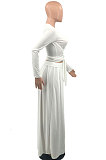 White Euramerican Women Casual Fashion Long Sleeve Solid Color Tied Skirts Sets PH13251-1